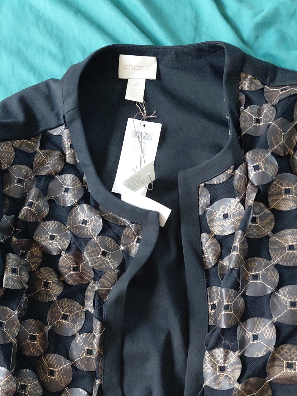 Chico's Black Jacket with Metallic Circle Mesh Overlay